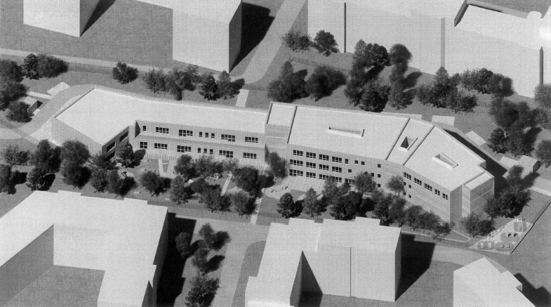 czarno-biała wizualizacja budynku Centrum Aktywności Międzypokoleniowej z lotu ptaka